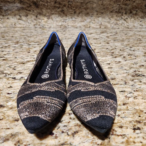Rothy’s Golden Shimmer The Point Flat Size 10 Rose Gold Black Ballet Shoes